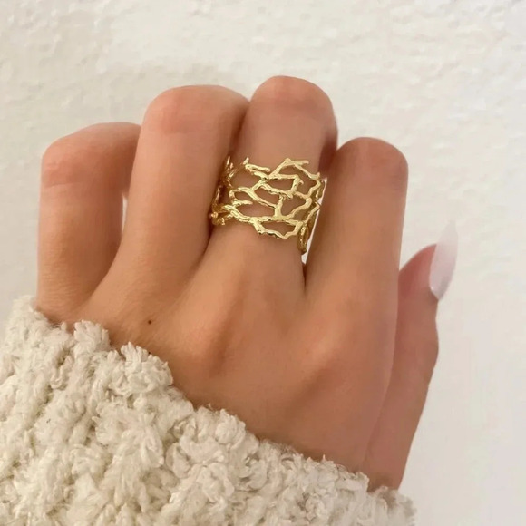 925 Sterling Silver Gold Textured Ring Vine Coral Tree Branch Ring Boho Ring - Picture 3 of 9